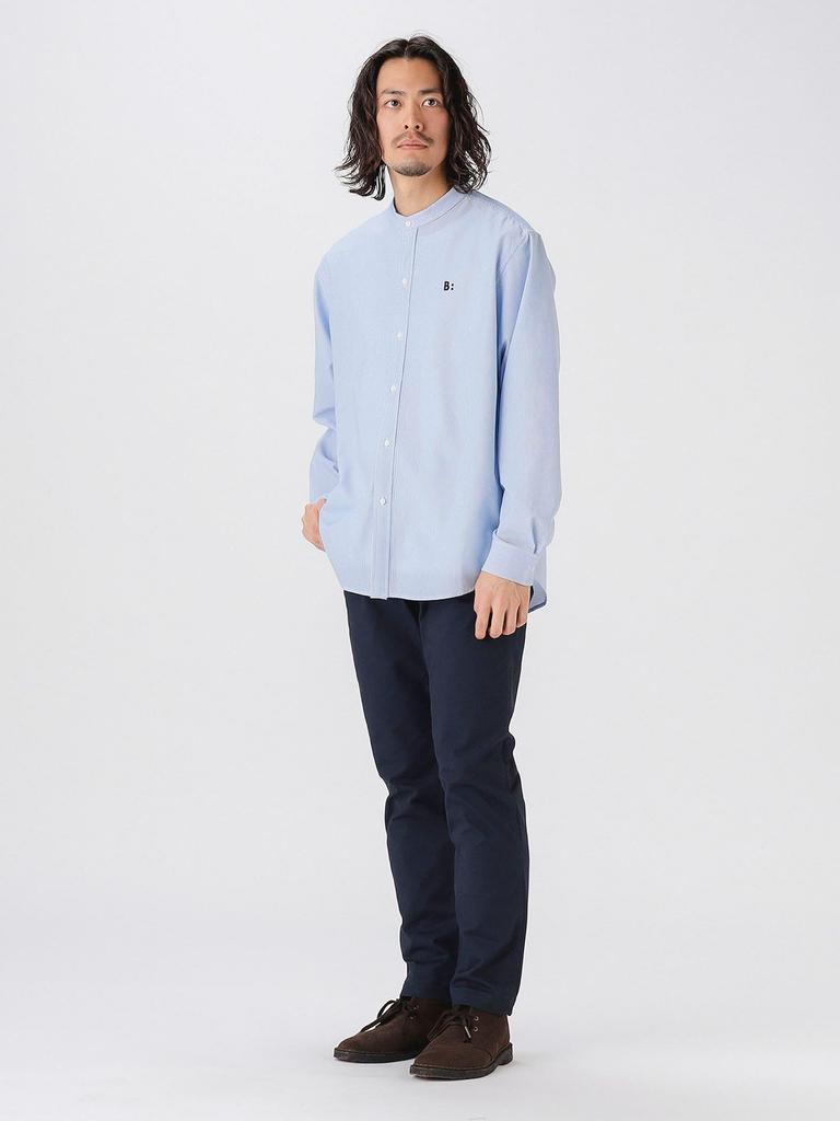 B:MING LIFE STORE by BEAMS Men's Large/Small Band Collar Shirt, Blue, Stretchy, Size M (92110163286)