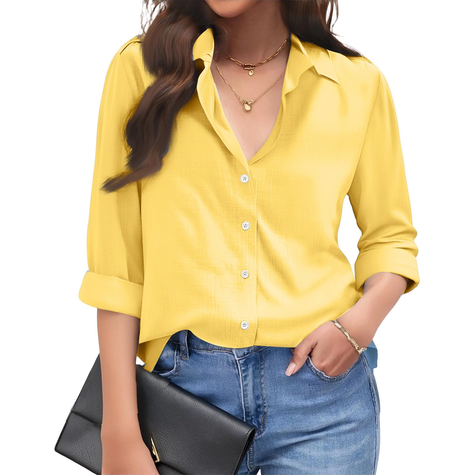 Women s Color Casual Loose Long-sleeved Linen Shirt XL жёлтый