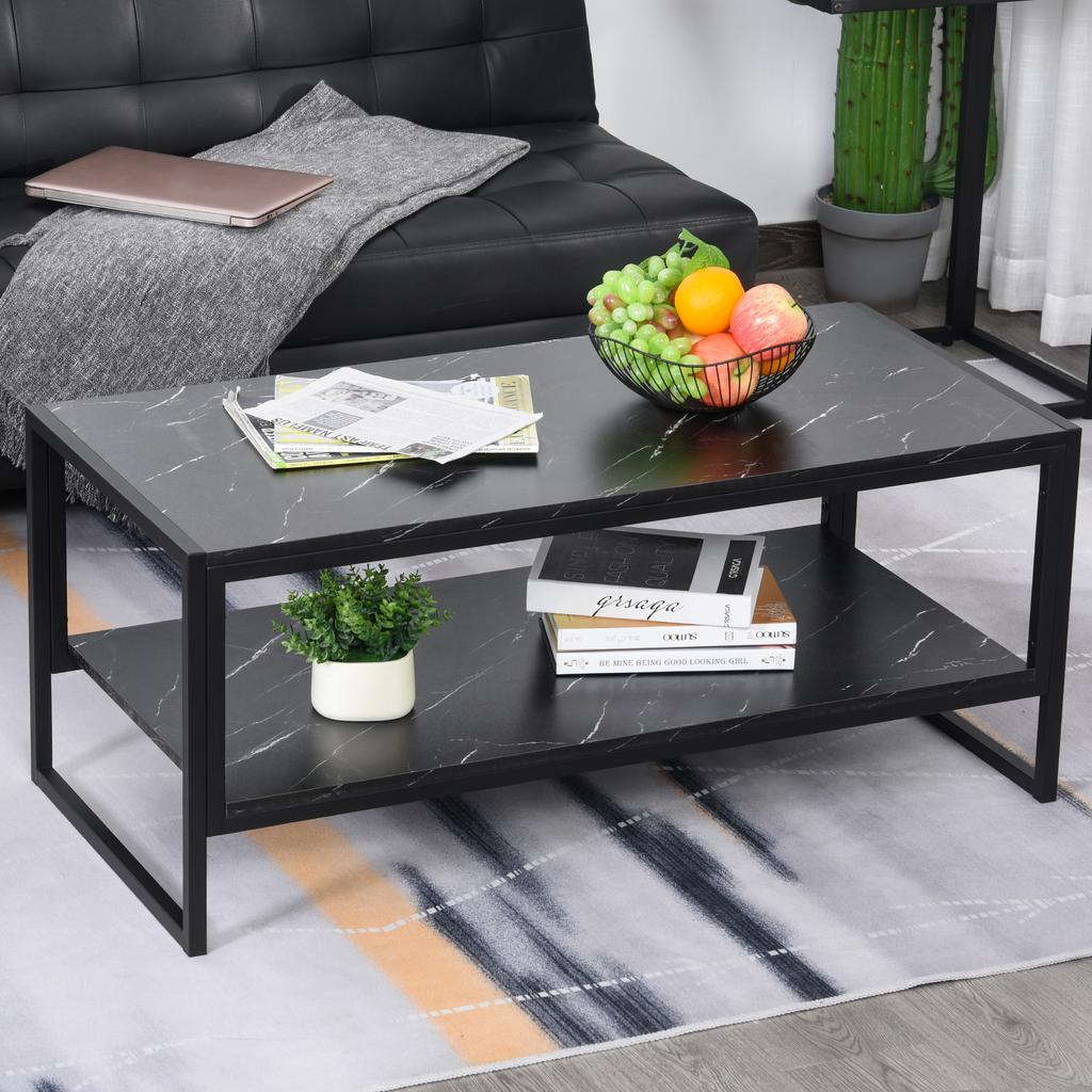 Tavolino da caffè, Tavolino centrale a due livelli effetto marmo finto con struttura in metallo e ripiano portaoggetti per soggiorno, 106 x 50 x 45 cm, Nero
