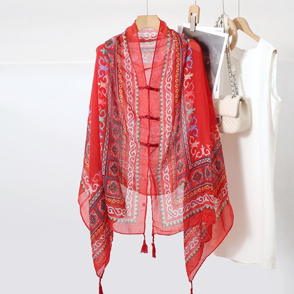 Tassels Sunscreen Scarf Shawl Knot Button National Style Cloak Fashion Cardigan Cape  Outdoor