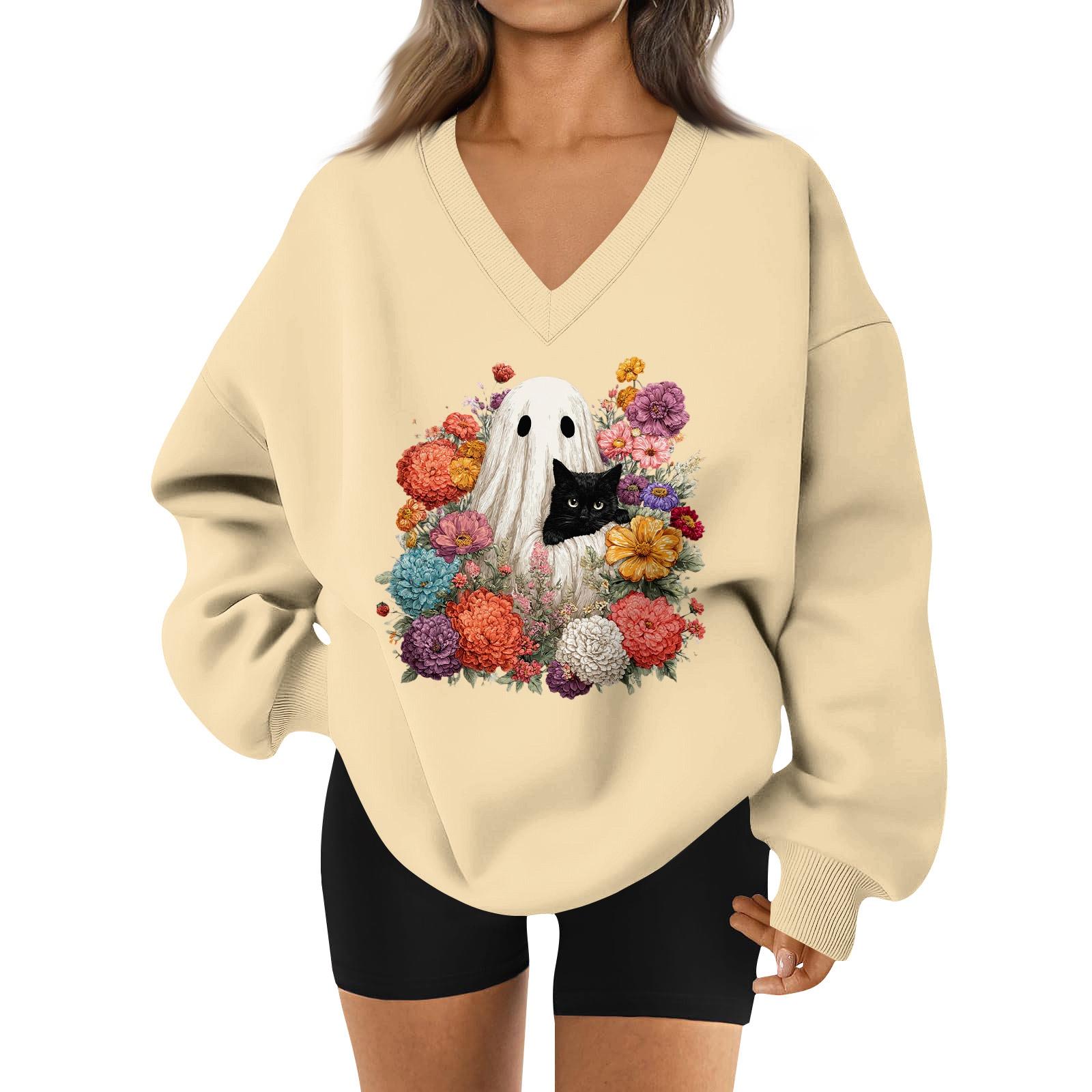 

Женский спортивный свитшот с V-образным вырезом, приспущенным плечом и принтом на Хэллоуин L бежевый