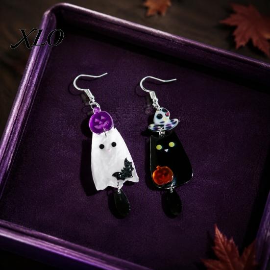 Charming Holiday Gift for Her 1 Pair Acrylic Halloween Earrings, Black White Ghost Drop Dangle Earrings with Women Witch Hat Bat Pumpkin, Gothic