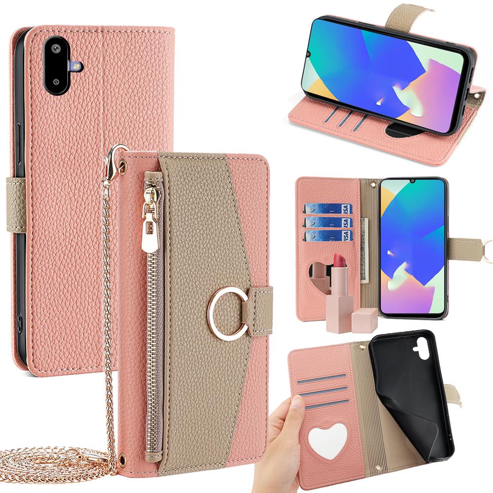 

For Samsung Galaxy F06 5G Case Mirror Wallet Leather Phone Cover with Chain Shoulder Strap Pink