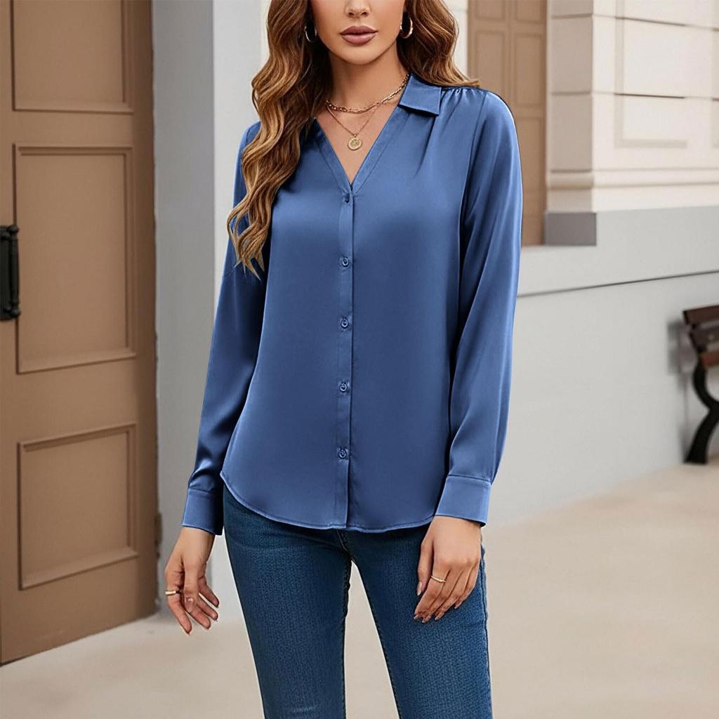 Women's satin button shirt workwear casual shirt collar long sleeve top