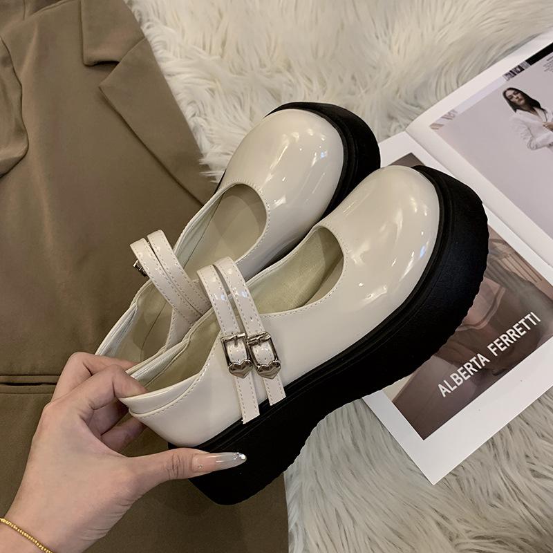 

Black thick heel platform small leather shoes women s 2024 spring new French heightening Mary Jane shoes jk leather shoes high heels 35 чёрный