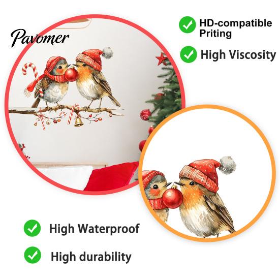 Seasonal Home Decorations Christmas Birds on Tree Branch Wall Sticker, Cute Watercolor Bird Decal Festive Balcony Glass Decor with Ball, Candy