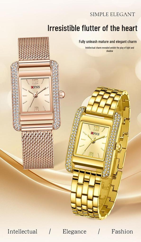 OFNS Elegant Women's Square Dial Watch: Simple Niche Bar Markers, Waterproof, Luxury Diamond Inlaid Quartz.