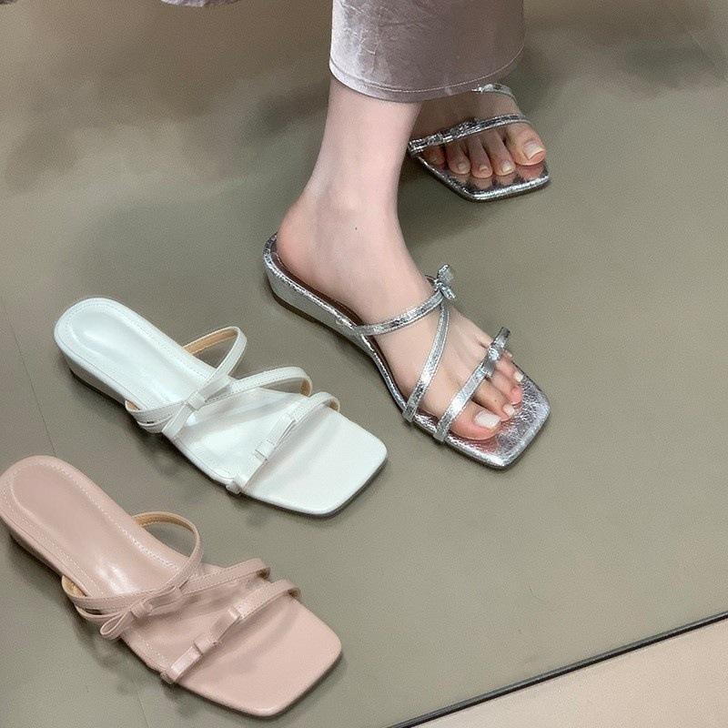 Bow square head low heel one-word drag wearing sandals versatile pink sandals