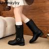 Winter Street Style Gürtelschnalle Damen Ritterstiefel Elegant Niedrig Absatz Schuhe Damen Slipper Mid-Calf Stiefeletten De Muje