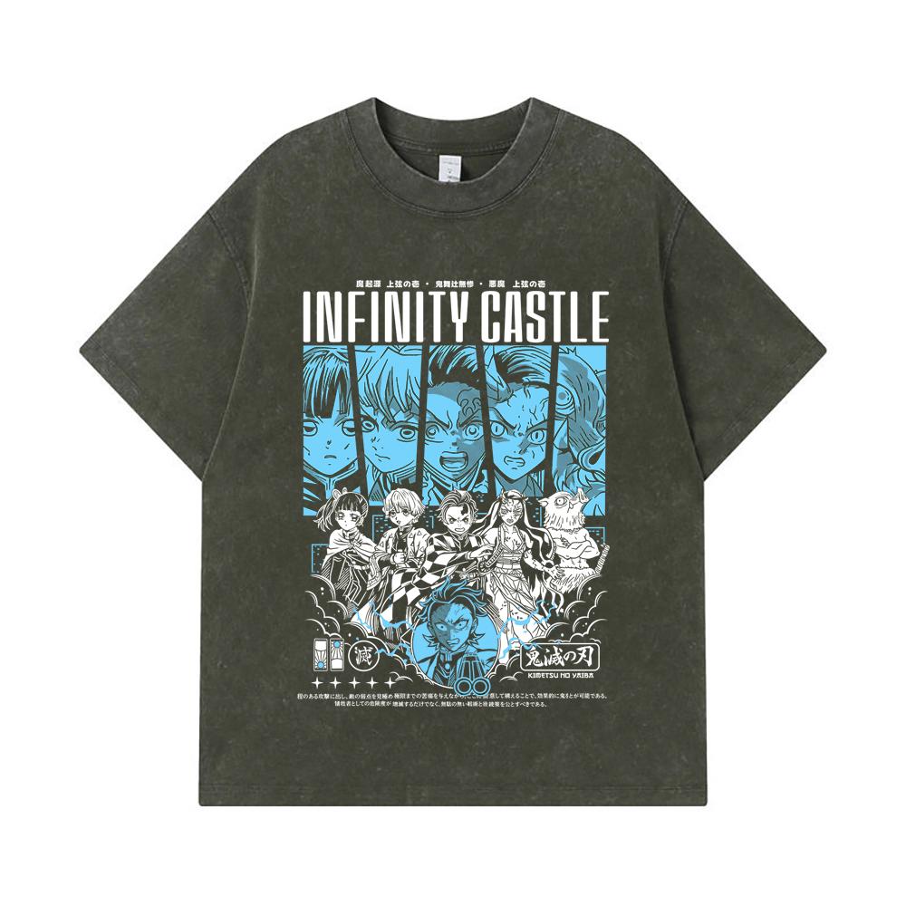 

275 GSM Washed T-shirts 100% Cotton Demon Slayer V88 Infinity Castle Print Unisex Heavy Cotton T Shirt S
