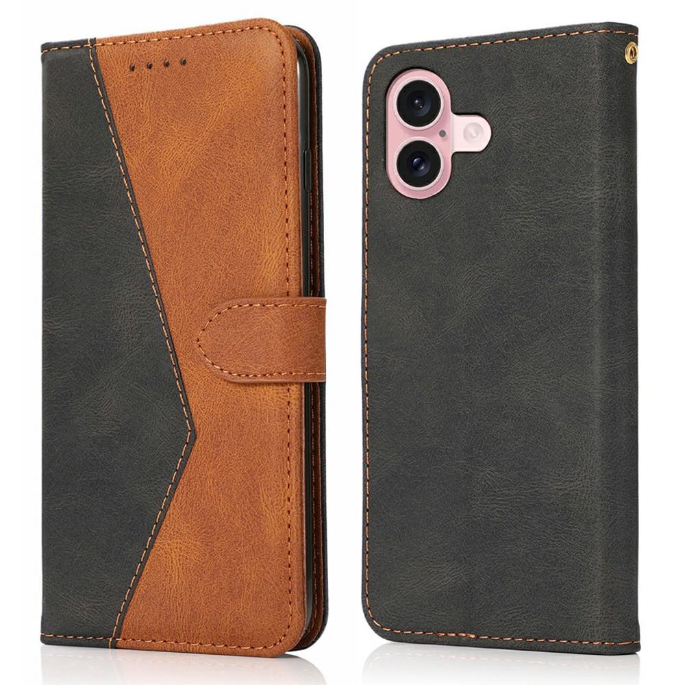 

For iPhone 17 Case Color Splicing Wallet Stand Leather Phone Cover with Wrist Strap Black/Brown