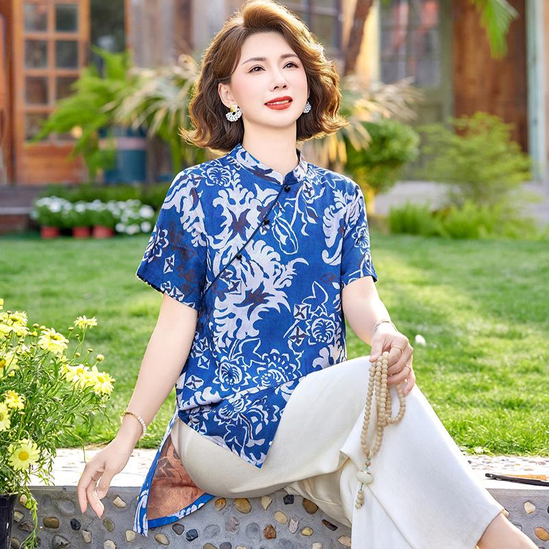 

2026 Summer Elegant Chinese-Style Top with Frog Buttons for Middle-Aged and Elderly Women - Trendy and Sophisticated 5XL (140-150 Jin)