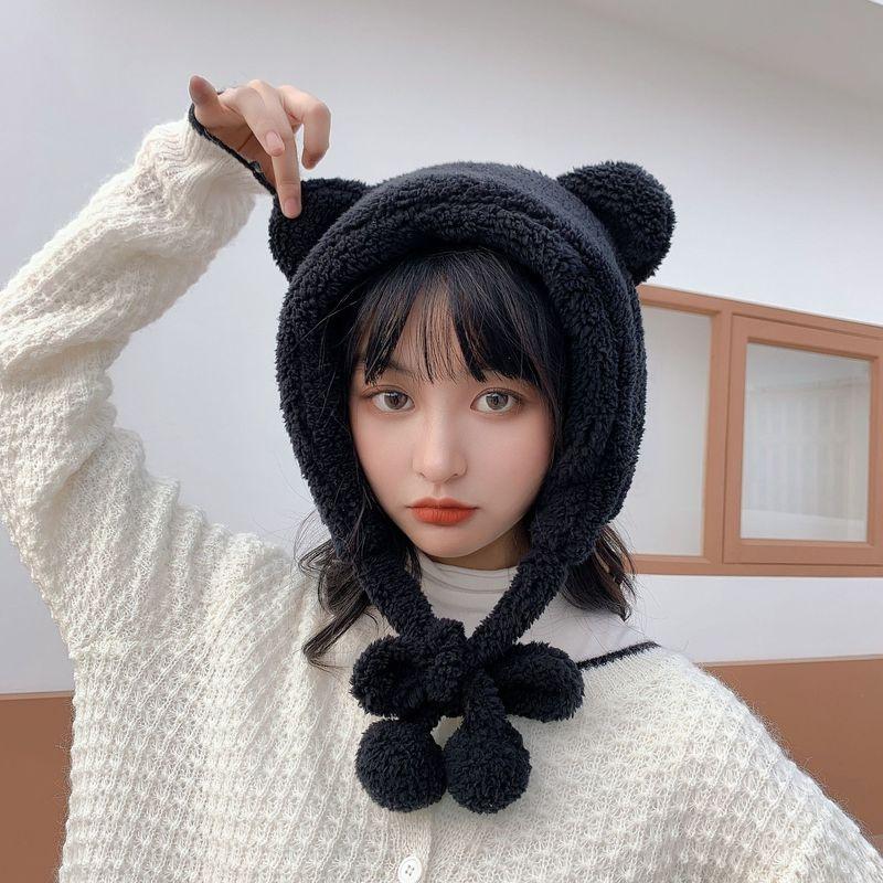 Winter Cute Bear Ears Warm Hat Women Beanies Windproof Cap Student Women Add Wool Cap Female Bomber Hat Present