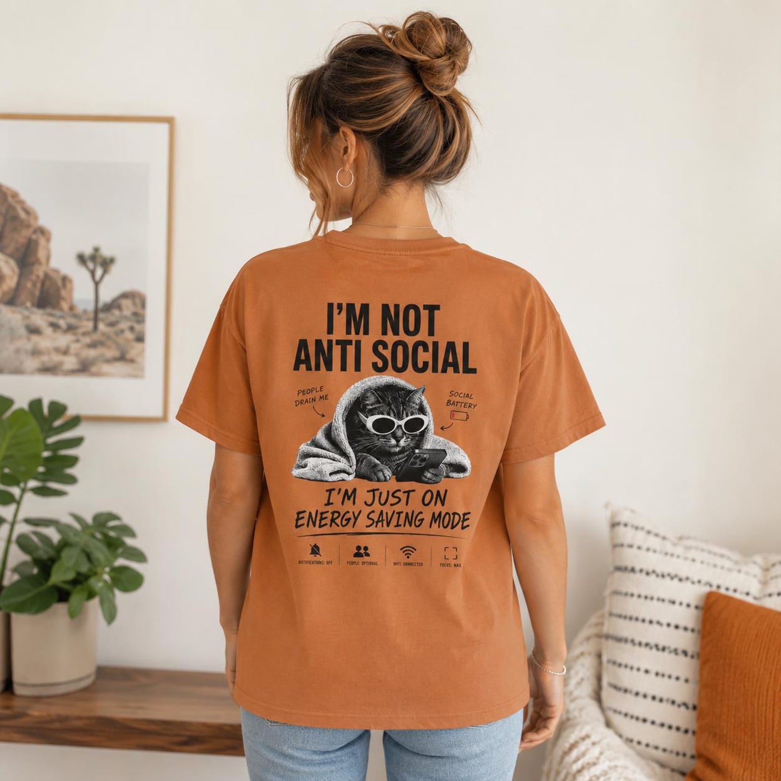 I m Not Anti Social I m Just On Energy Saving Mode Shirt, Funny Cat Shirt, Gen Z Meme Tee, Introvert Shirt, Social Battery T-Shirt 2XL