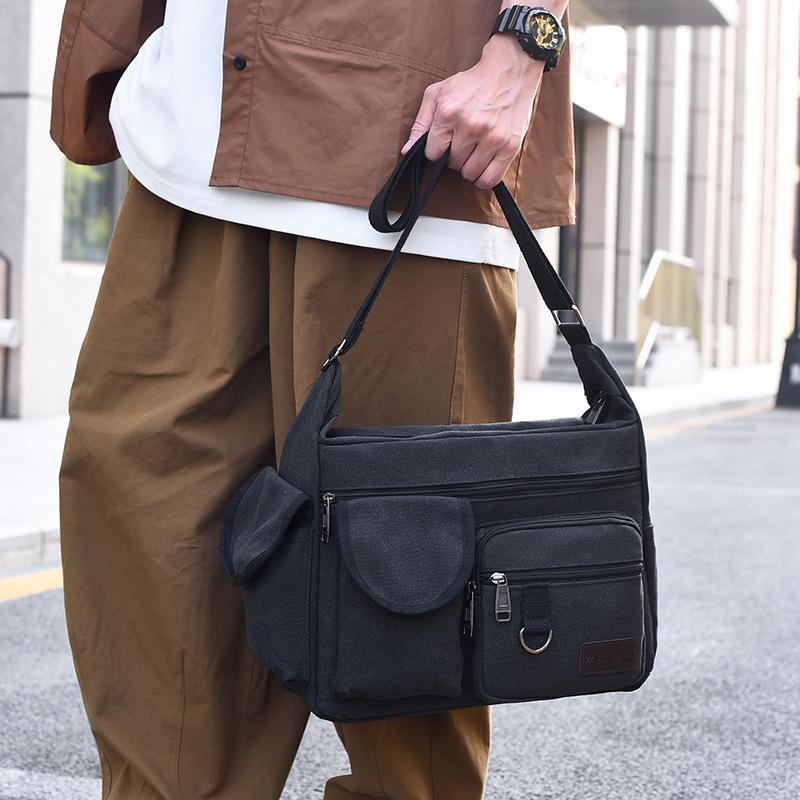 Hochwertige Herren-Canvas-Umhängetasche mit Doppeltaschen für Reisen