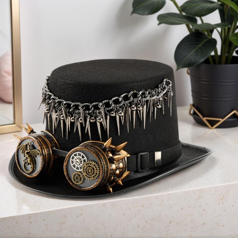 Steampunk Top Hat With Detachable Goggles Rivets Fringe Gear Decors Tall Hat For Halloween Costume Party Accessories