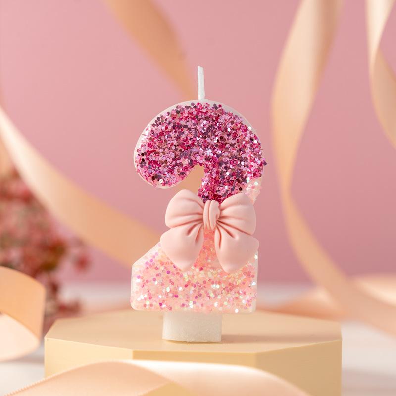Creative Sequin Pink Bow Color Block Candle Anniversary Digital Birthday Cake Candle Decoration