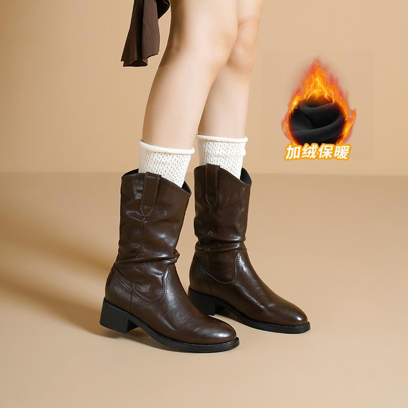 Cowhide Version~ Genuine Leather V-mouth Pointed French Small Short Boots Women's Spring and Autumn Single Boots Retro Western Cowboy Boots Marti