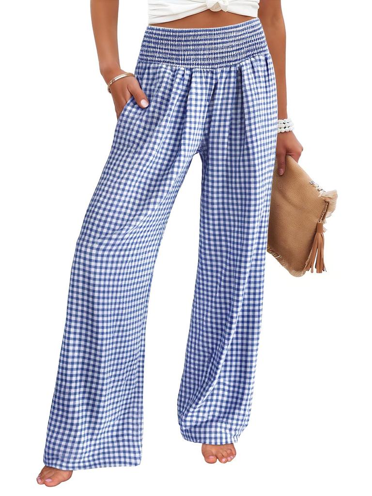 Women's High Waist Elastic Waistband Wide Leg Pants Multi Color and Pattern Plaid and Solid Options