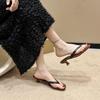 Summer New Soft Leather Square Toe Cat with Flip-flops Women Fashion Thin Belt Thin Heel Soft Sole Flip-flops