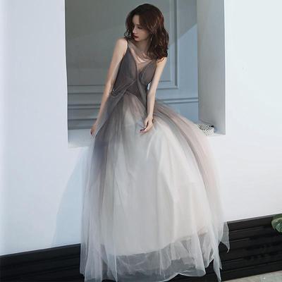 Women's Evening Dress Grey Gradient Sling Banquet Dress Dress