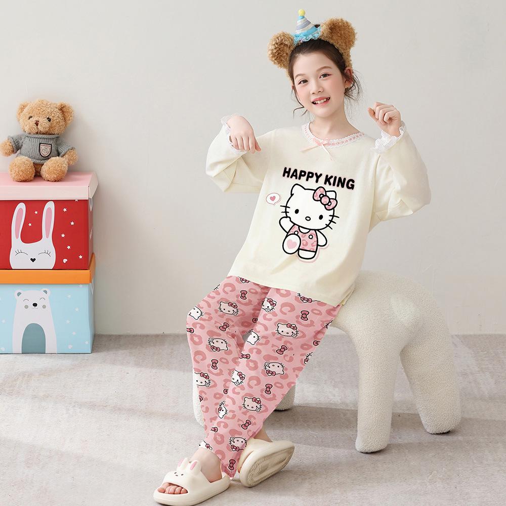 Korean Girls' Lace Long-Sleeve Cotton Pajama Set - Medium & Large Sizes for Spring/Autumn