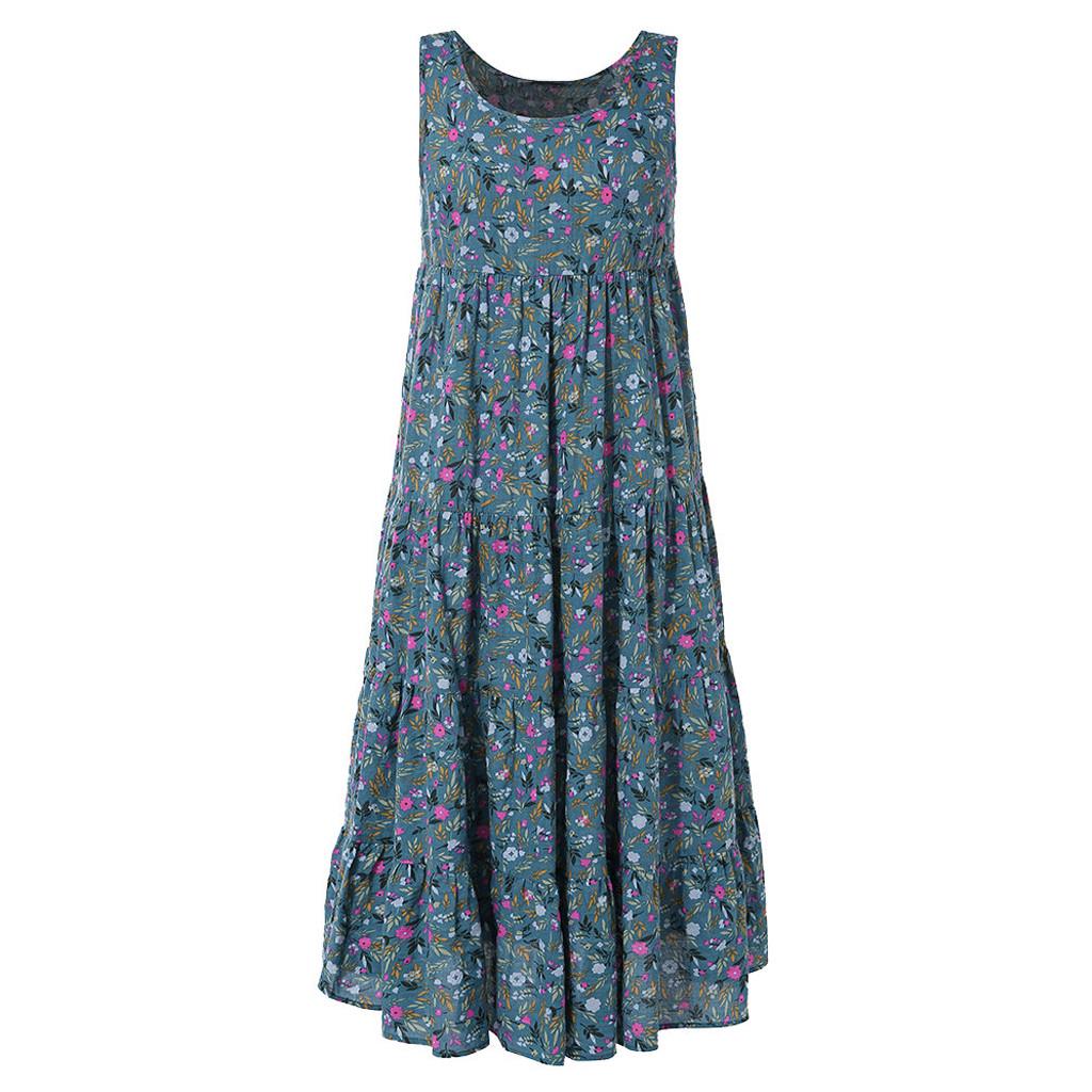 Kvinner Plus Size Casual Løs Ermeløs Floral Daglig Lin Print Lang Maxi Dress