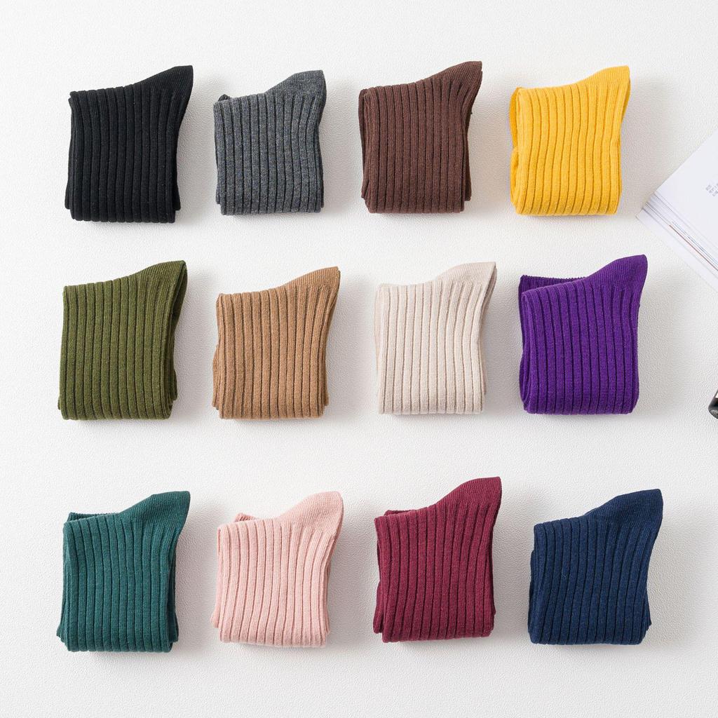 Autumn & Winter Women's Ribbed Cotton Mid-Calf Socks - Japanese Style, Solid Color, Double Needle.