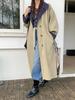 Women's Retro Miu-Style Colorblock Hooded Trench Coat with Stand-up Collar, 2025 Autumn Collection