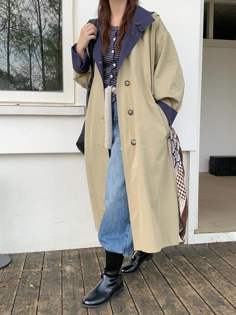 Women's Retro Miu-Style Colorblock Hooded Trench Coat with Stand-up Collar, 2025 Autumn Collection