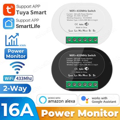 Tuya WiFi Smart Switch with Power Monitor RF433 Remote 16A Mini Breaker Relay Home Automation Voice Control for Alexa Google