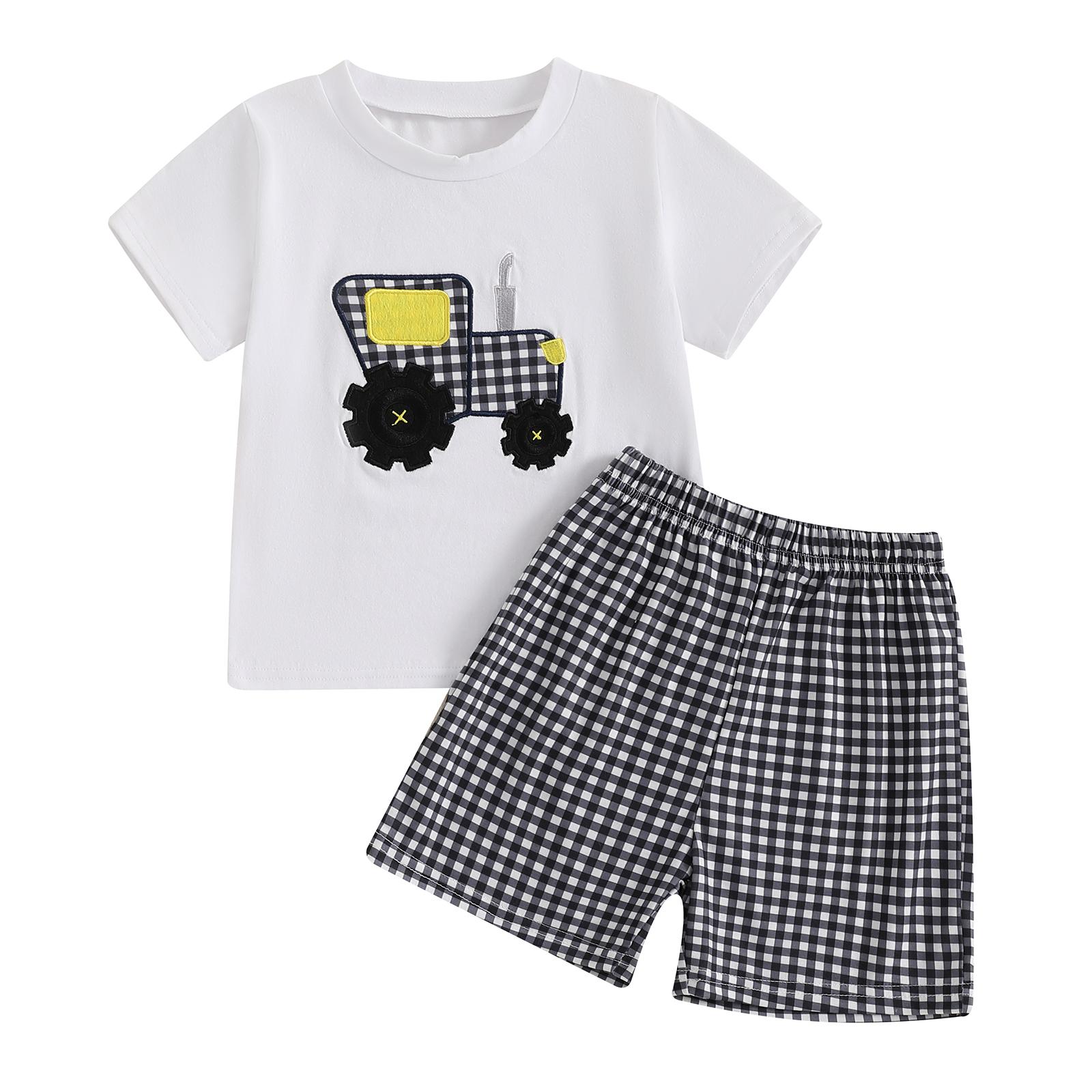 

Комплект шорт для малышей и мальчиков ясельного возраста, футболка с коротким рукавом и вышивкой трактора, клетчатые шорты, 2 предмета, летний наряд 6-12 Months синий