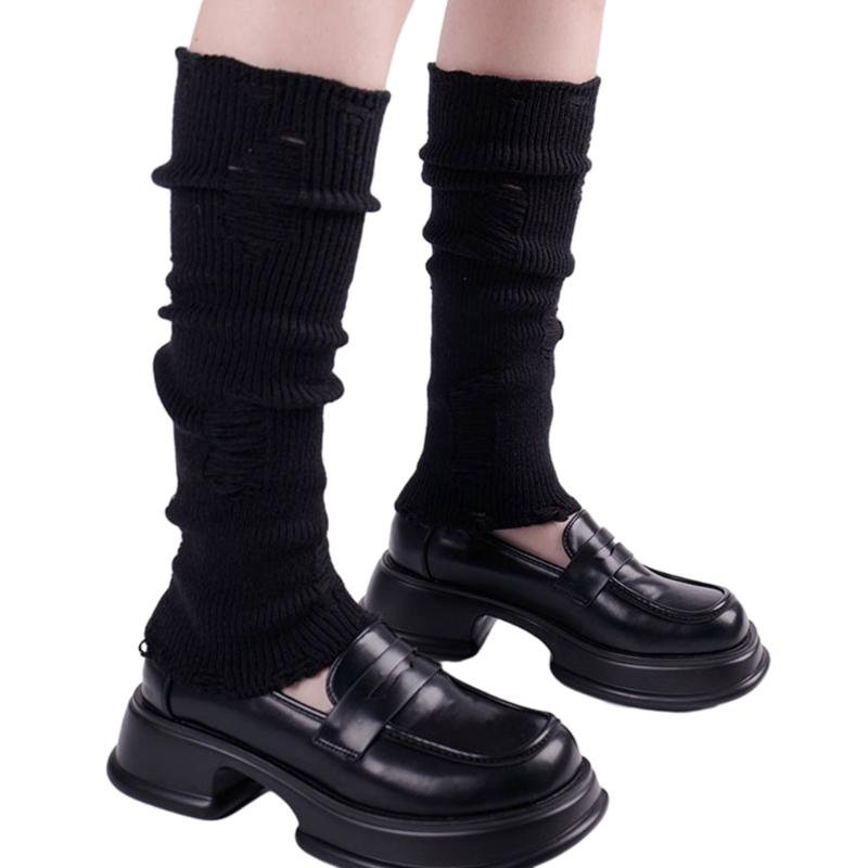 Japanese Punk Leg Warmers Women Solid Color Ribbed Knit Long Socks Y2K Distressed Ripped Boot Cuffs Leg Cover Streetwear