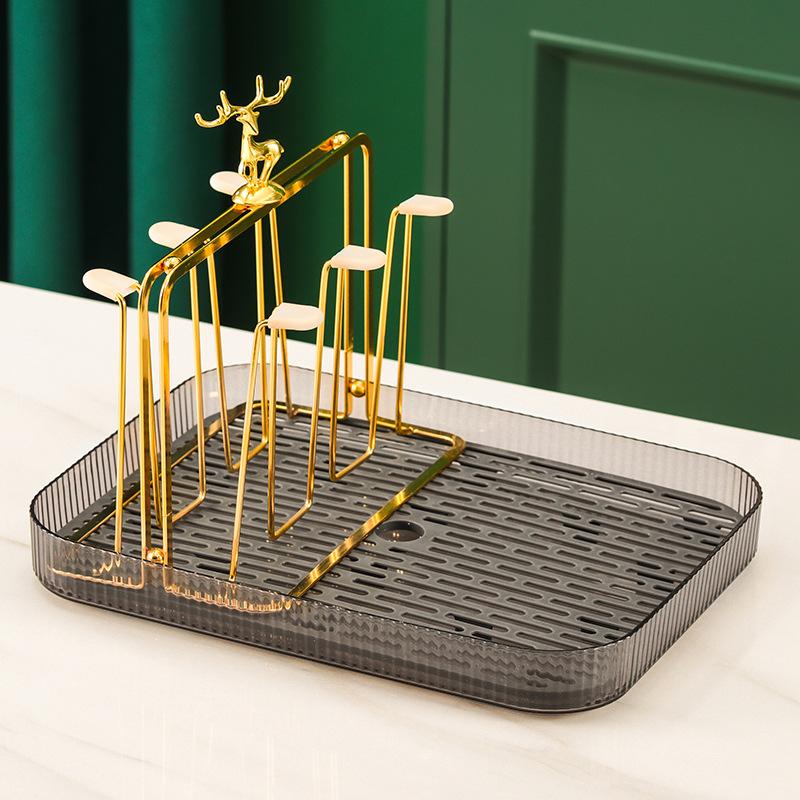 Nordic Deer Themed Cup Rack, Iron Metal Wall Mount Holder with Drain Tray, Decorative Kitchen Bathroom Organizer, Drying Stand