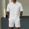 Men Cable Knit Texture 2 Piece Outfit Short Sleeve Polo Shirt And Casual Shorts Set