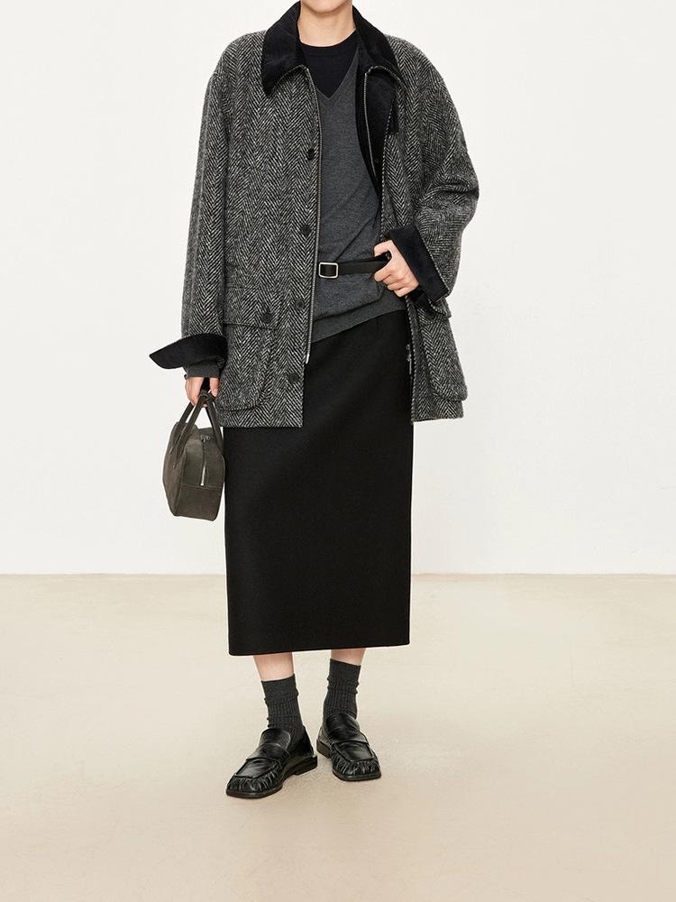 Wen Jiu Elegant High-Waisted Wool Suit Skirt - Mid-Length, Winter Classic