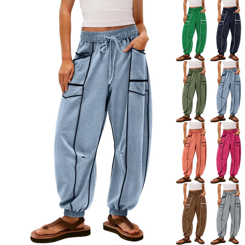 Women's Sanitary Pants, Wide Leg Pants, High Waist, Leg Cinching, Patchwork Pockets, Casual Pants