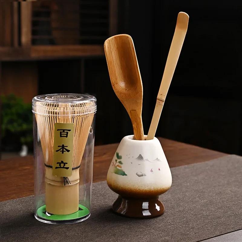4 IN 1 Bamboo Matcha Powder Whisk Teaspoon Ceramic Bowl Tranditional Tea Matcha Whisk (Chasen)Sets Home Tea-making Accessories