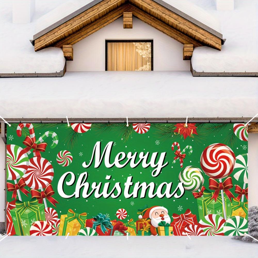 Christmas Garage Door Banner Decoration - Merry Christmas Themed Polyester Banner with Lollipop and Gift Box Patterns