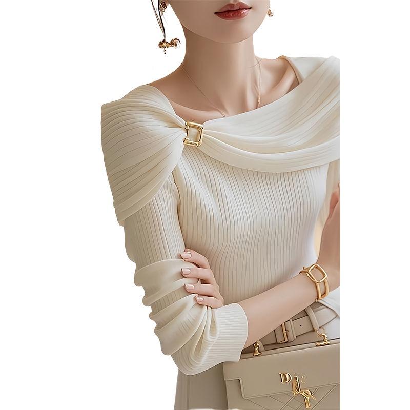 Fashion Elegant One-word Shoulder Shawl Knitted Sweater Autumn Winter New Bottoming Women's Clothing Korean Style Pullover Knit Casual Sweaters 1980