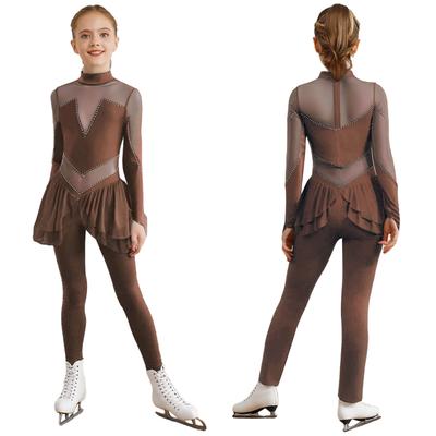 Tuta da Performance di Pattinaggio Artistico per Ragazze Collo Alto Maniche Lunghe Patchwork in Rete Trasparente Strass Lucenti Body Intero