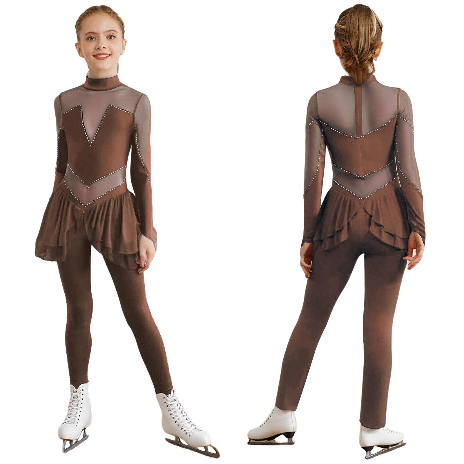 

Kids Figure Skating Costume Mock Neck Long Sleeve Sheer Mesh Patchwork Shiny Rhinestones Jumpsuit 5-6 Years коричневий