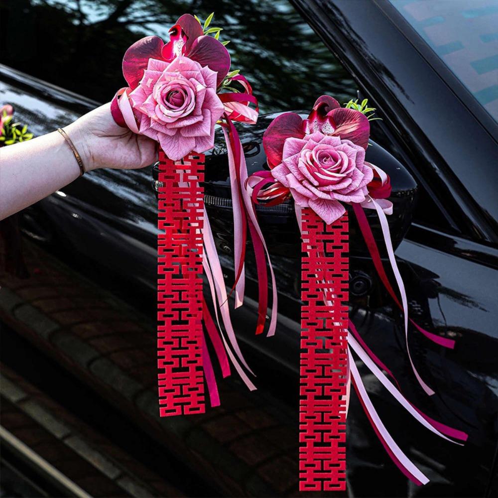 2Pcs Bowknot Ribbon Wedding Car Flower Suction Cup Wedding Decoration  Car Handle