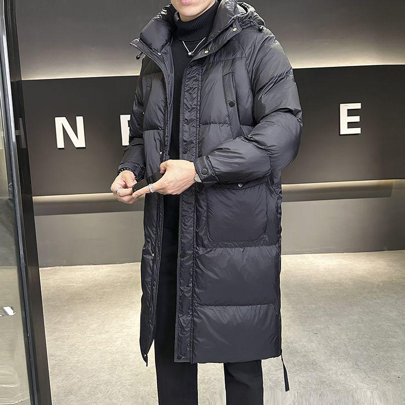 

Мужская пуховая куртка средней длины с капюшоном класса люкс - Теплая, модная, толстое пальто до колен L (100-120 lbs) чёрный