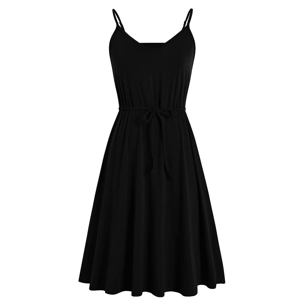 Ladies Casual Summer Cotton Sleeveless Spaghetti Strap Adjustable Waist Sundress