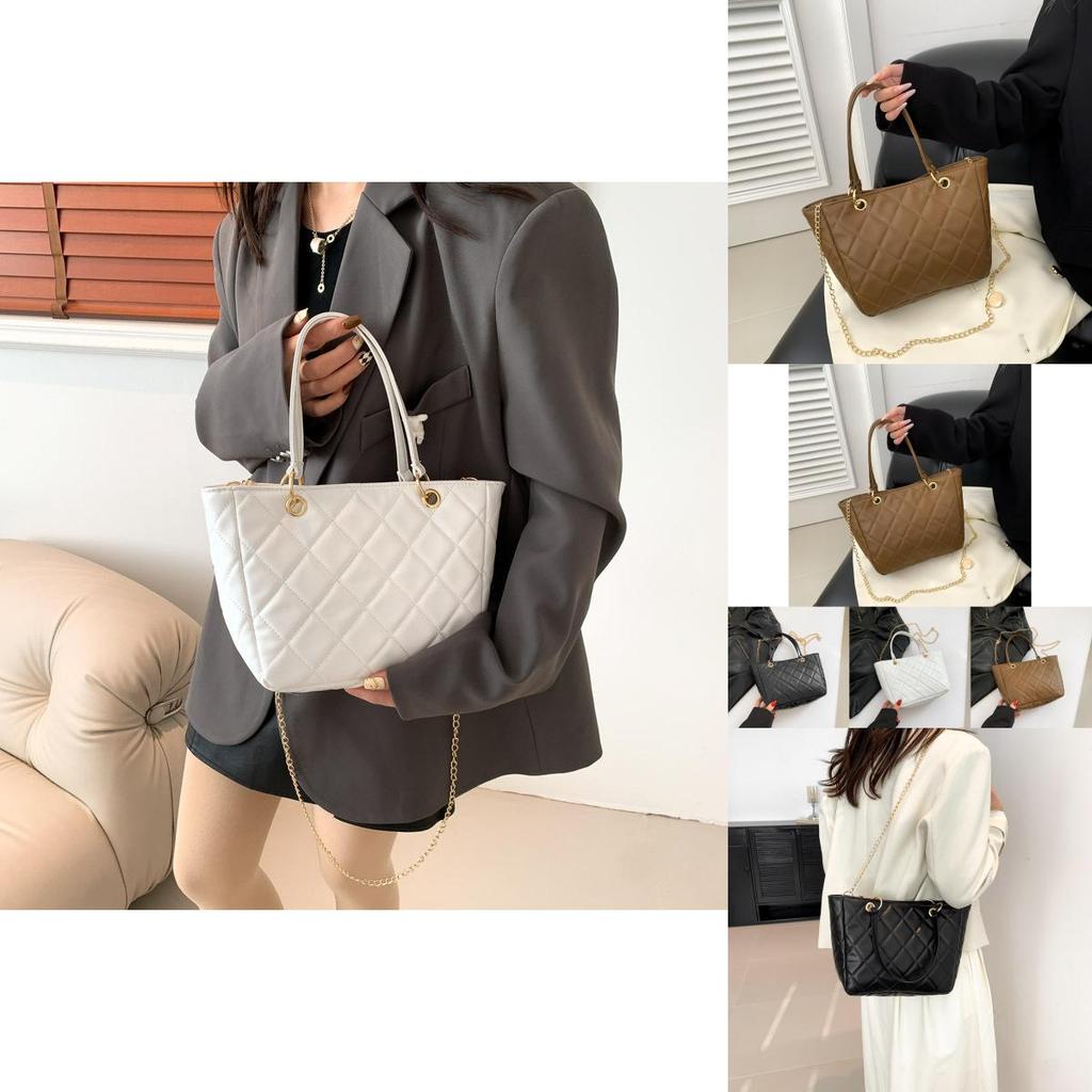 Elegant White Quilted Chain Tote Bag For Women With Soft Pu Material And Trendy Aesthetic