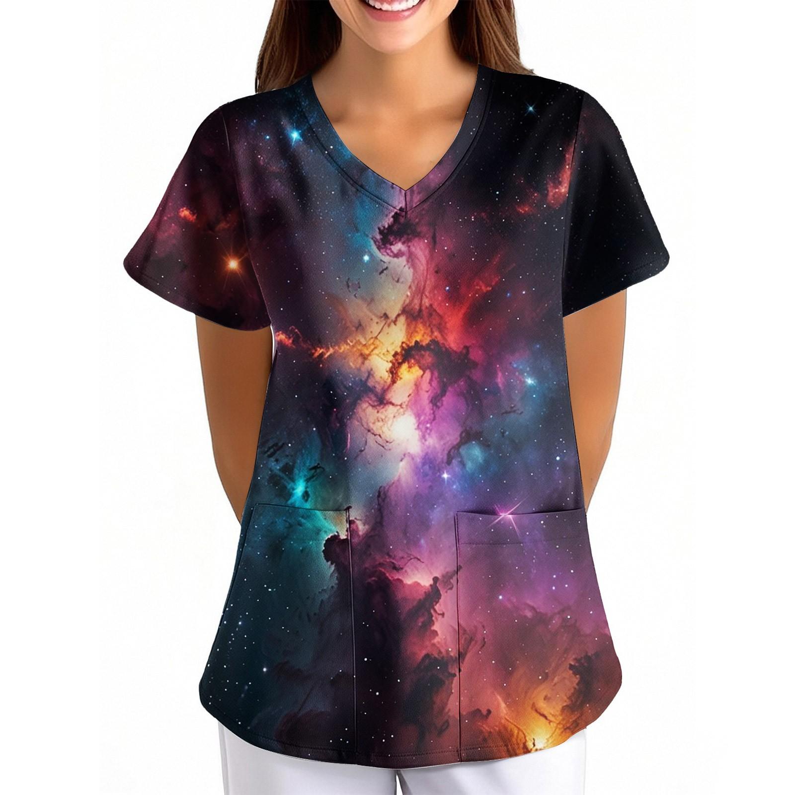 

Женская Свободная Униформа с V-образным вырезом, карманом и короткими рукавами, с принтом «Небо» XXXL