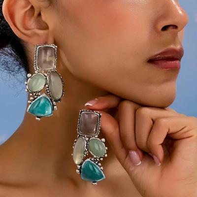Handmade Vintage Zircon Pendant Earrings, Bohemian Style Pendant Earrings, Hook Pendant Earrings