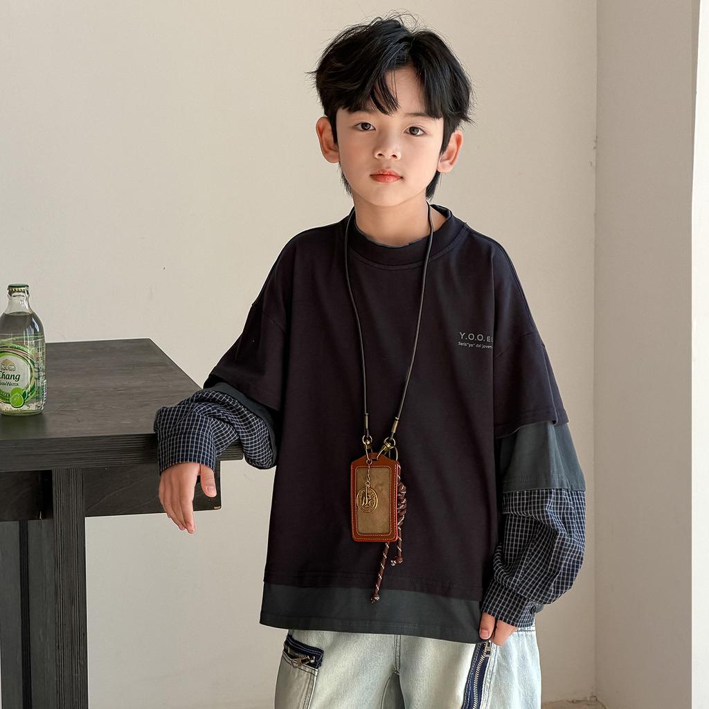 Boy S Navy Fake Two Piece Sweatshirt Casual Long Sleeve For Big Kids