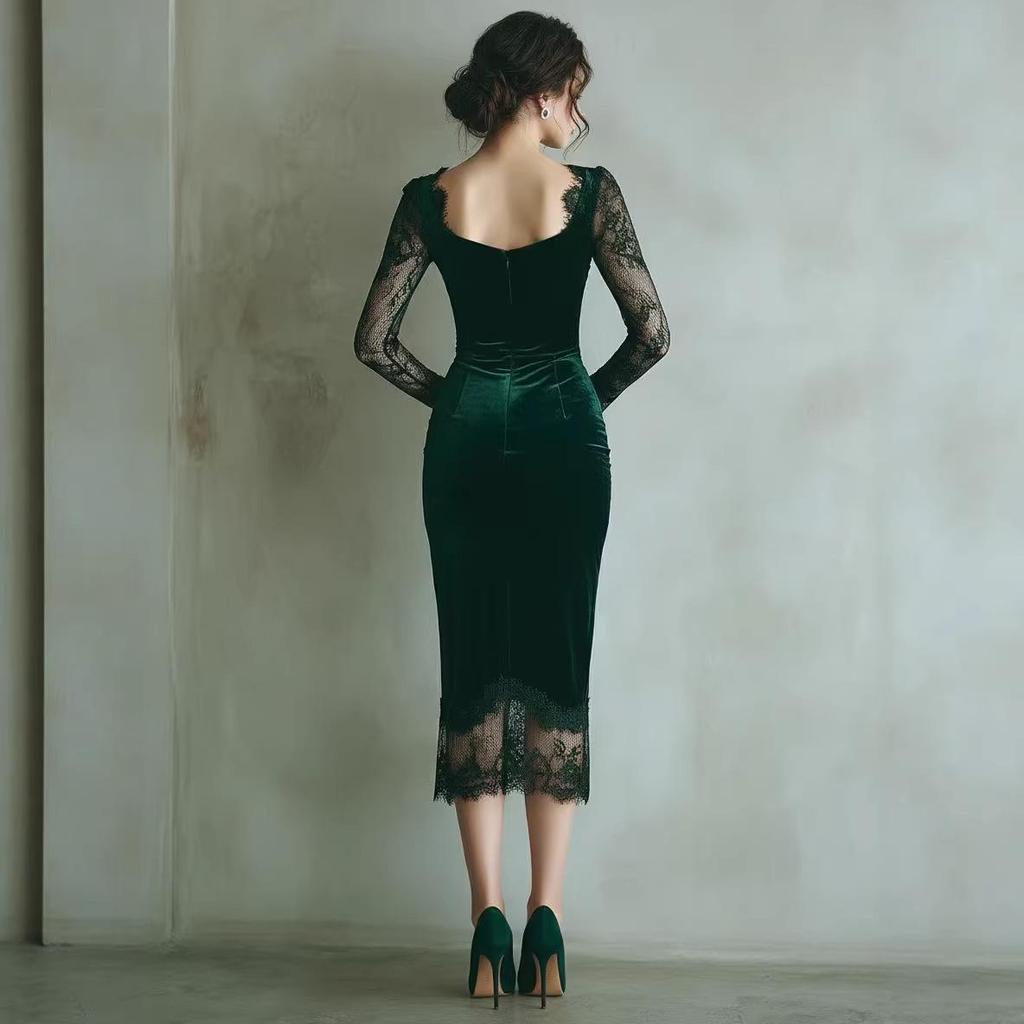 Elegant French Velvet Lace-Cinched Dress - Romantic Autumn Style